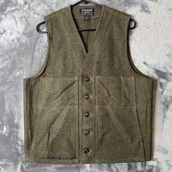 Filson Wool Vest Size Medium Damaged Pocket Button Up Green - Picture 1 of 9